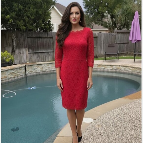 Nwot JOSEPH RIBKOFF Elegant Red Lace Stacey Lacey Dress US12 - Picture 1 of 14